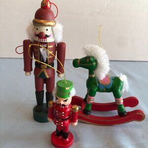 LOT of 3 Wooden Christmas Ornaments Toy Soldiers Rocking Horse #F0
